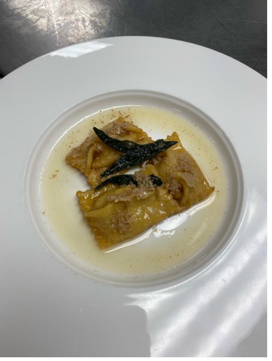 Butternut squash ravioli with crispy fried sage and brown butter sauce